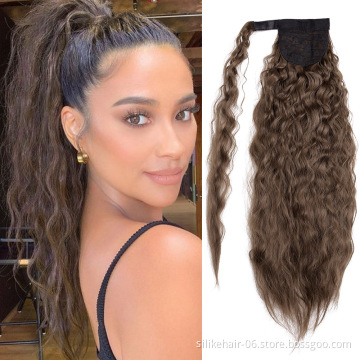 24 Inch Long Corn Wave Ponytail Extension Kinky Curly  Magic Paste Heat Resistant Wavy Synthetic Wrap Around Ponytail Hairpiece
